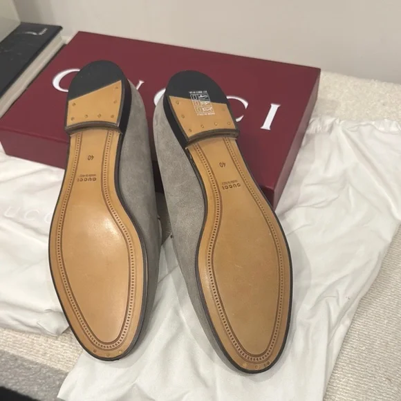 Gucci Light Gray Suede Loafers with Gold Detail - Picture 4 of 5